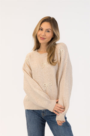 Bows Crewneck - Beige | Lyla & Luxe