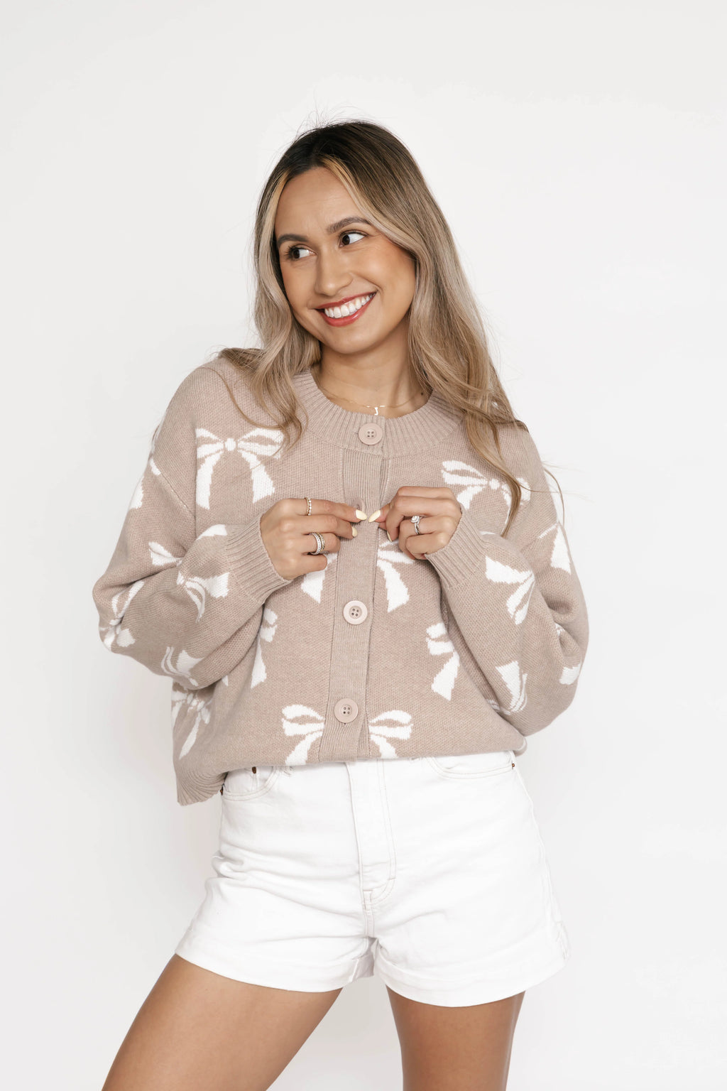 Bow Cardigan In Oatmeal Combo | Smash & Tess