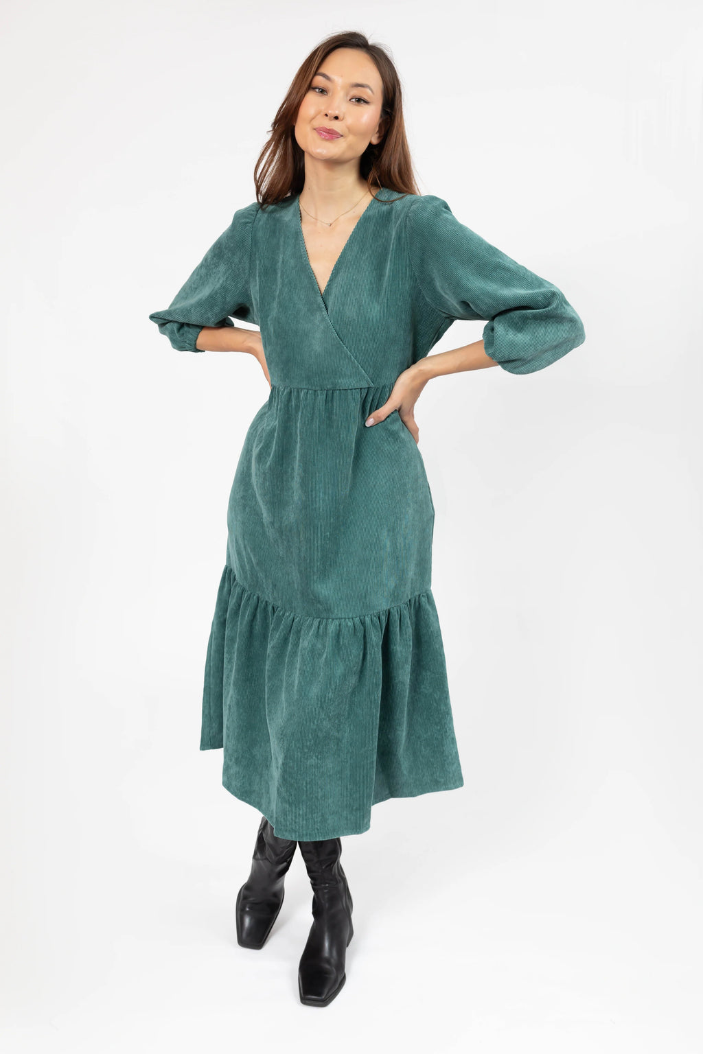 Calista Corduroy Midi Dress in Posy Green | Smash & Tess