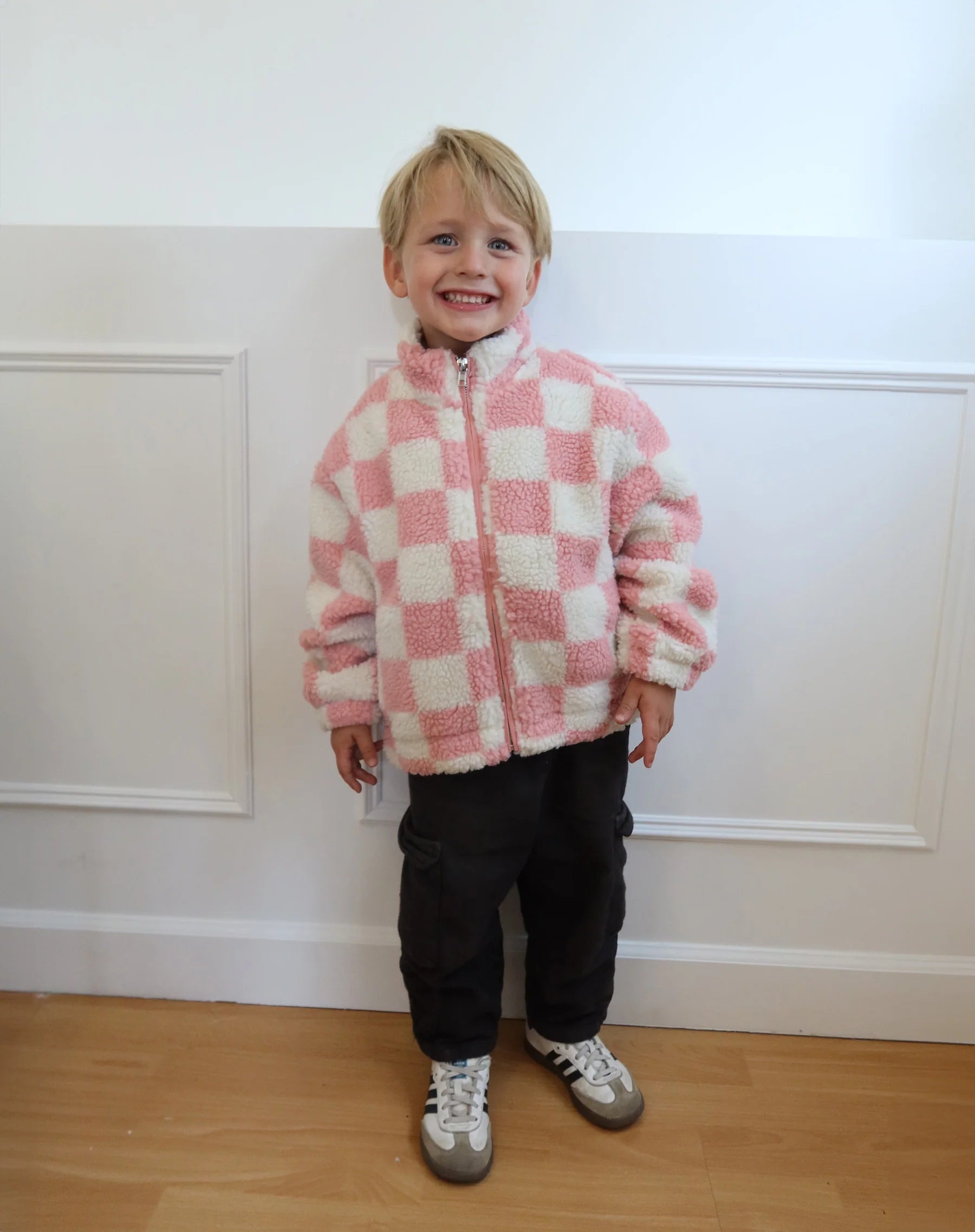 Kids Checkered Sherpa Jacket - Pink & White | BTL