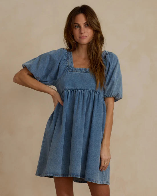 Gretta Babydoll Dress - Light Washed Denim | Rylee & Cru